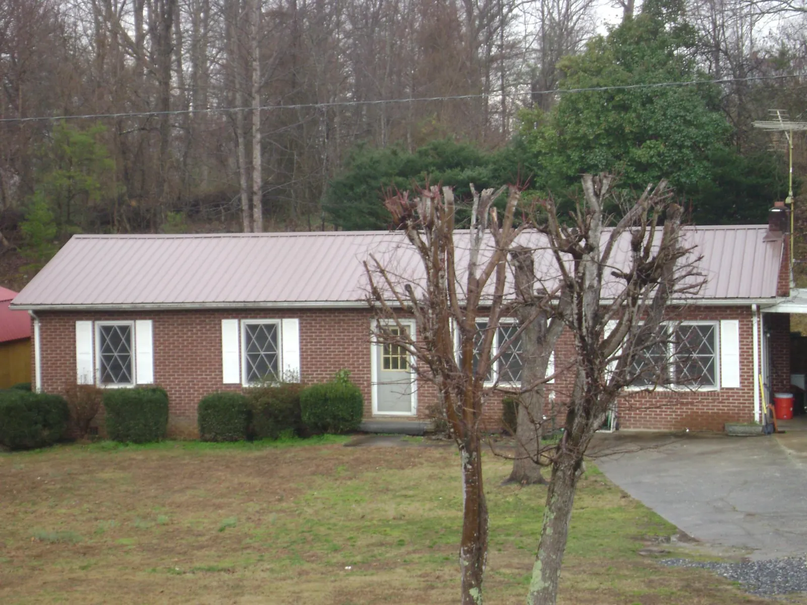 Mauve metal roof on a brick ranch home behind bare trees in Franklin Park